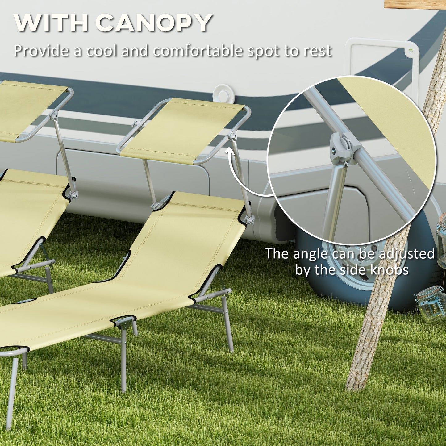 Outsunny Folding Sun Lounger Set of 2 with Canopy, Reclining Sunbed with 4-Position Adjustable Backrest, 600D Oxford Cloth, Portable Garden Lounger Recliner Chair for Beach, Camping, Patio, Beige