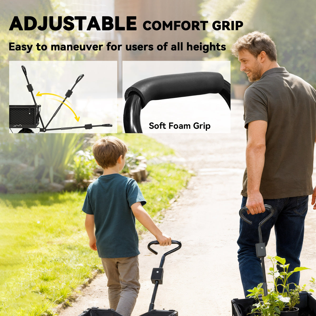 Outsunny garden cart with adjustable foam-grip handle shown at different angles