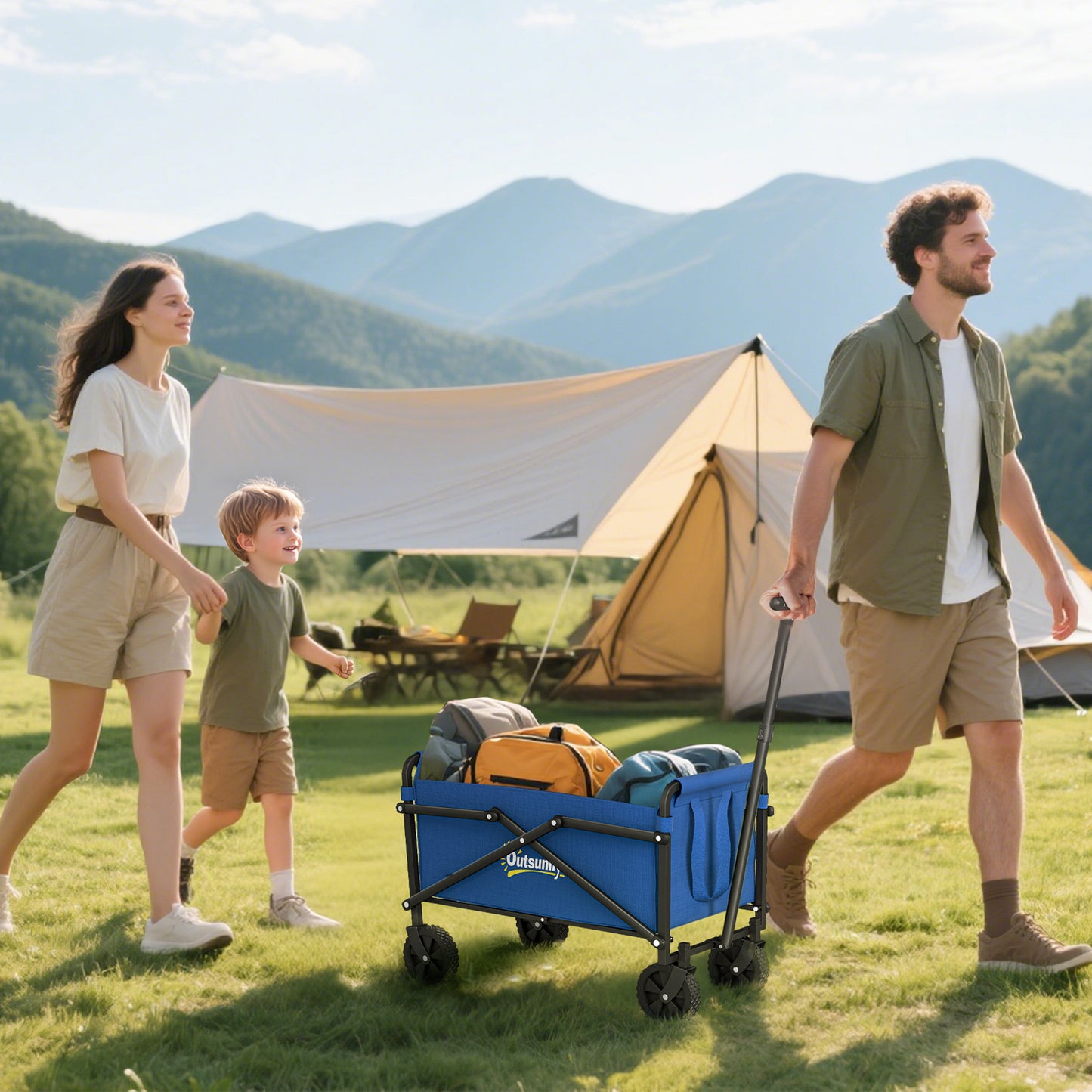 Outsunny 62L Festival Trolley on Wheels, Portable Small Folding Trolley Cart, 60kg Heavy Duty Collapsible Foldable Wagon with Adjustable Handle and Carrying Bag for Beach, Camping, Garden, Blue