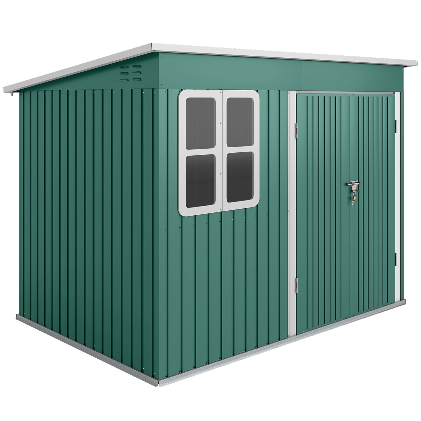 Photo of Outsunny 8.5 x 6ft Storage Shed Galvanised Steel Garden Shed, Metal Shed with Foundation Kit, Window, Lockable Wide Doors and Air Vents for Outdoor Patio, Green in Green colour on a white background