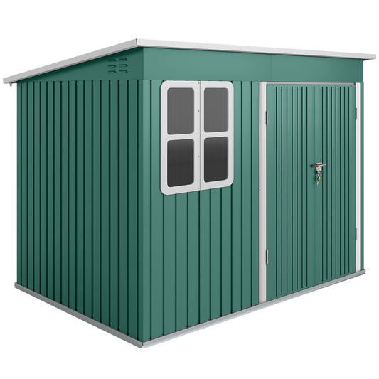 Photo of Outsunny 8.5 x 6ft Storage Shed Galvanised Steel Garden Shed, Metal Shed with Foundation Kit, Window, Lockable Wide Doors and Air Vents for Outdoor Patio, Green in Green colour on a white background