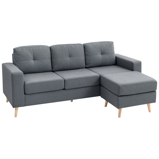 Photo of HOMCOM 3 Seater Sofa with Footstool, Fabric L-Shaped Sofa, Sectional Couch with Wood Legs, Tufting Cushioned Back for Small Space, Living Room, Office, Dark Grey in Grey colour on a white background
