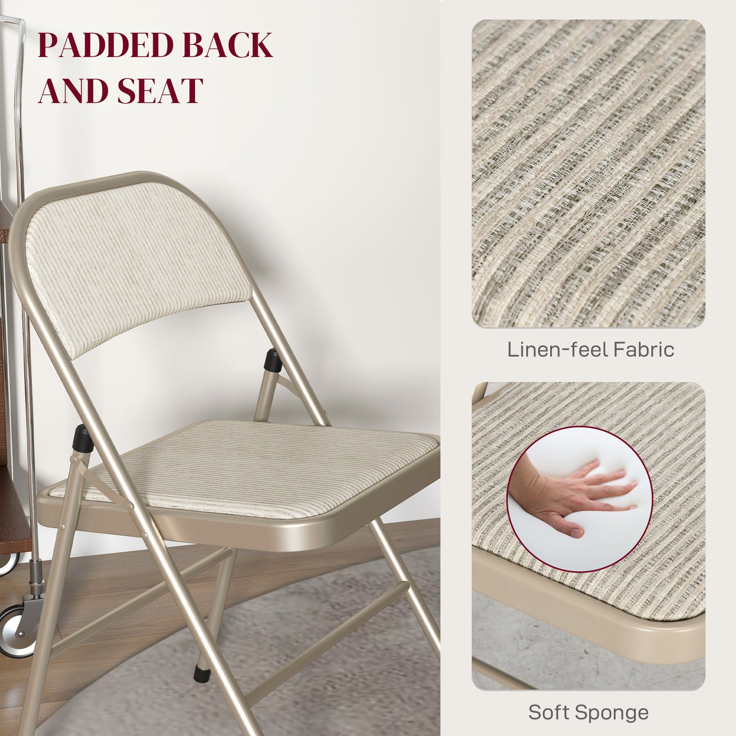 HOMCOM Linen-Look Set of Four Cushioned Folding Chairs - Beige