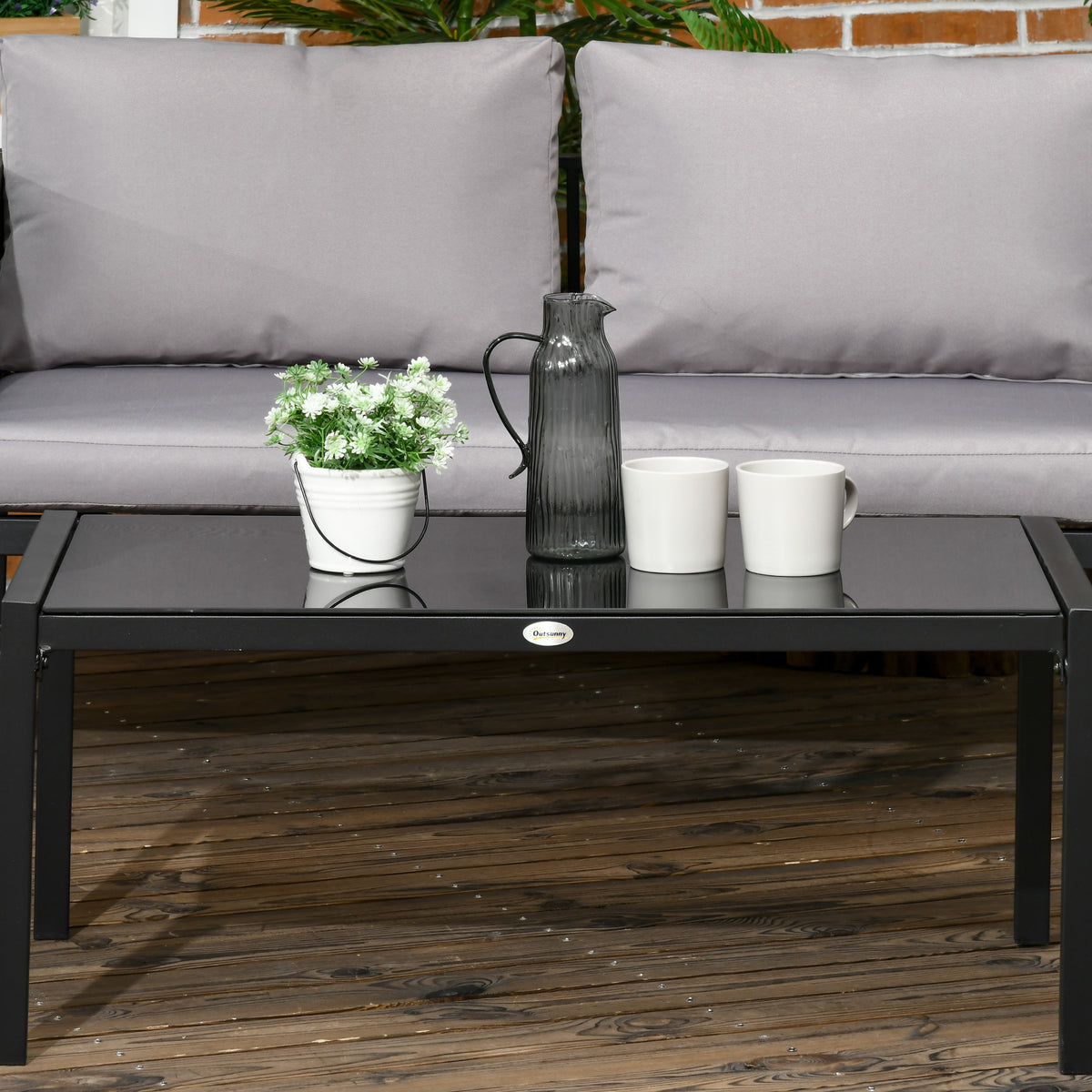 Outsunny 4 Piece Metal Garden Furniture Set with Tempered Glass Coffee Table, Texteline Pocket, Outdoor Set Loveseat Single Armchairs with Padded Cushions, Light Grey