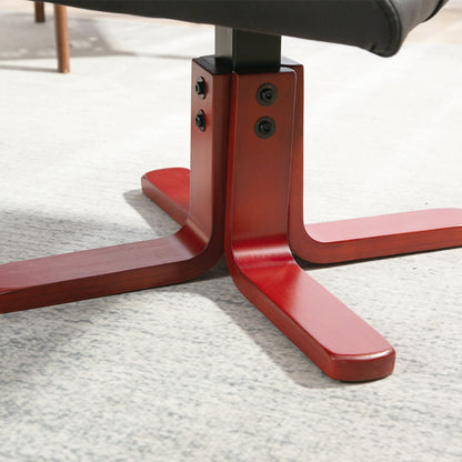 Close-up of the recliner's reddish wood-tone base and attached support hardware