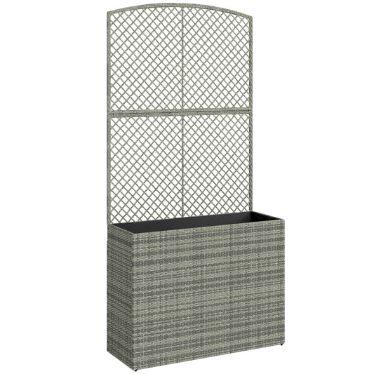 Photo of Outsunny Rattan Planter with Trellis, Raised Beds for Garden with Liner for Climbing Plants Vegetables Flowers, Dark Grey in Grey colour on a white background