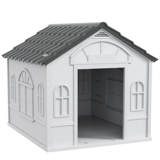 Photo of PawHut Plastic Weather-Resistant Dog House, for Indoors and Outdoors, Large Dogs - Grey in Grey colour on a white background