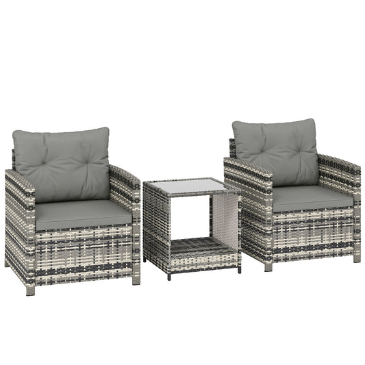 Photo of Outsunny Rattan Bistro Set, 3 Piece Garden Furniture Set with 2 Tier Glass Top Table and Cushions, Mixed Grey in Grey colour on a white background