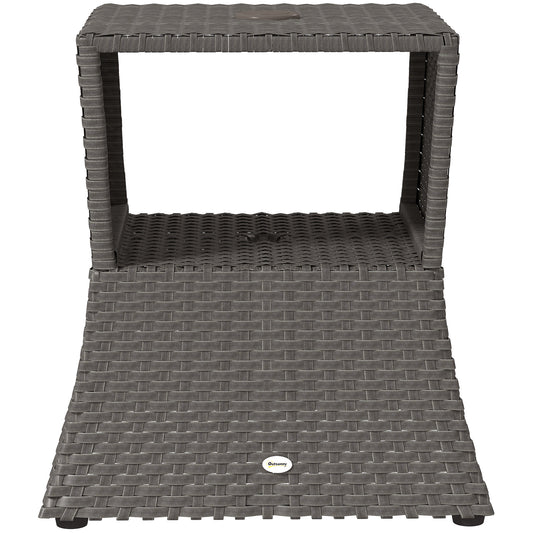 Photo of Outsunny Rattan Outdoor Coffee Table, Wicker Garden Patio Bistro Side Table with Umbrella Hole and Storage Space, Dark Grey in Grey colour on a white background