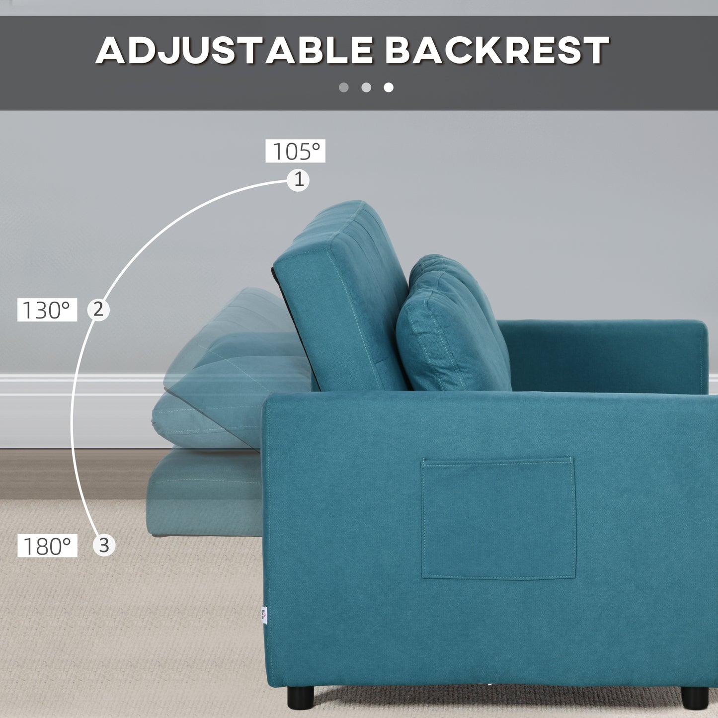 HOMCOM Loveseat Sofa Bed, Convertible Bed Settee with 2 Pillows, Side Pockets, Blue