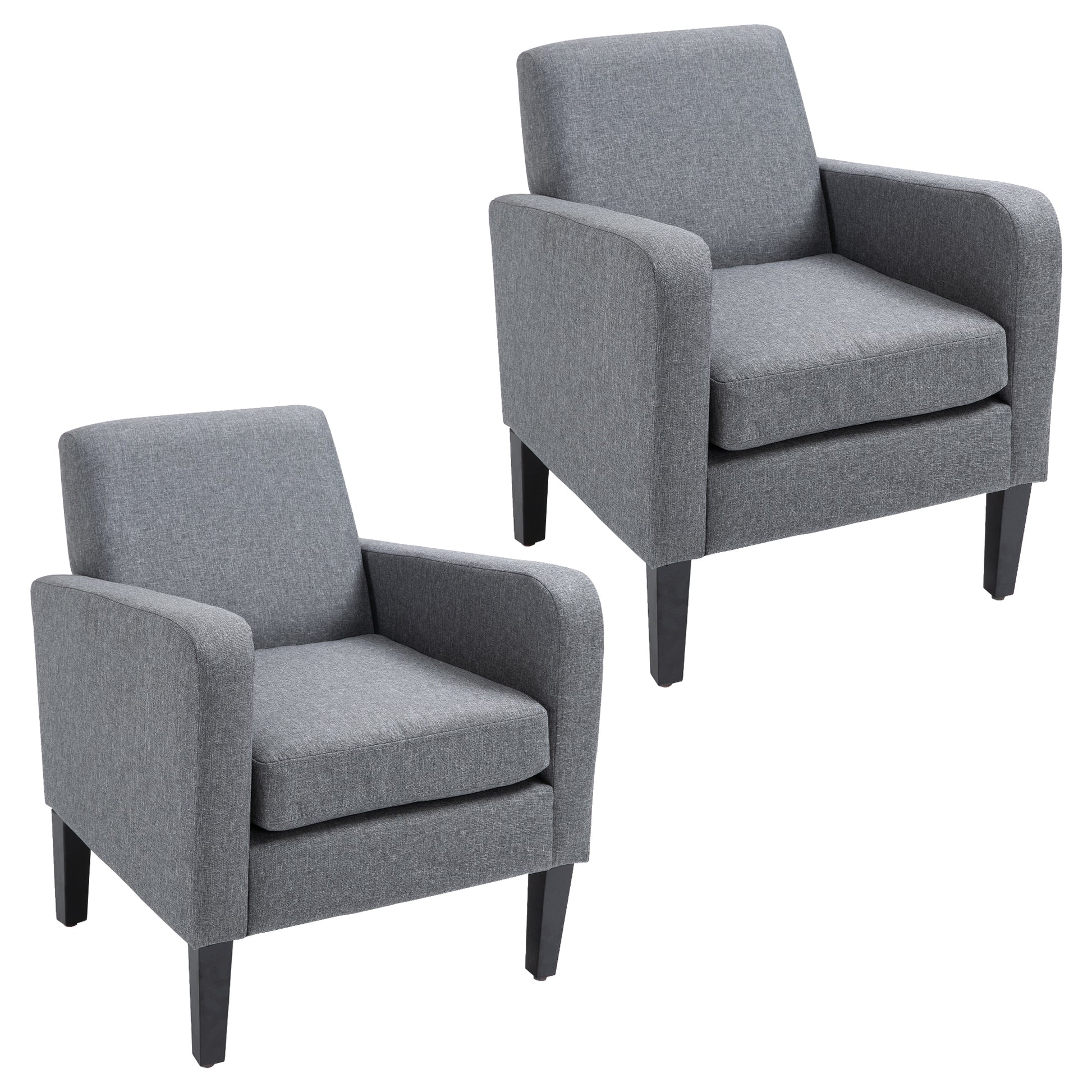 Photo of HOMCOM 2 Pieces Modern Armchairs with Rubber Wood Legs, Upholstered Accent Chairs, Single Sofa for Living Room, Bedroom, Grey in Grey colour on a white background