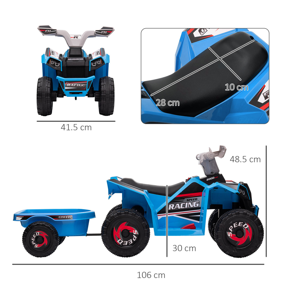 Blue ride-on quad bike with rear trailer, shown with seat and overall dimensions.