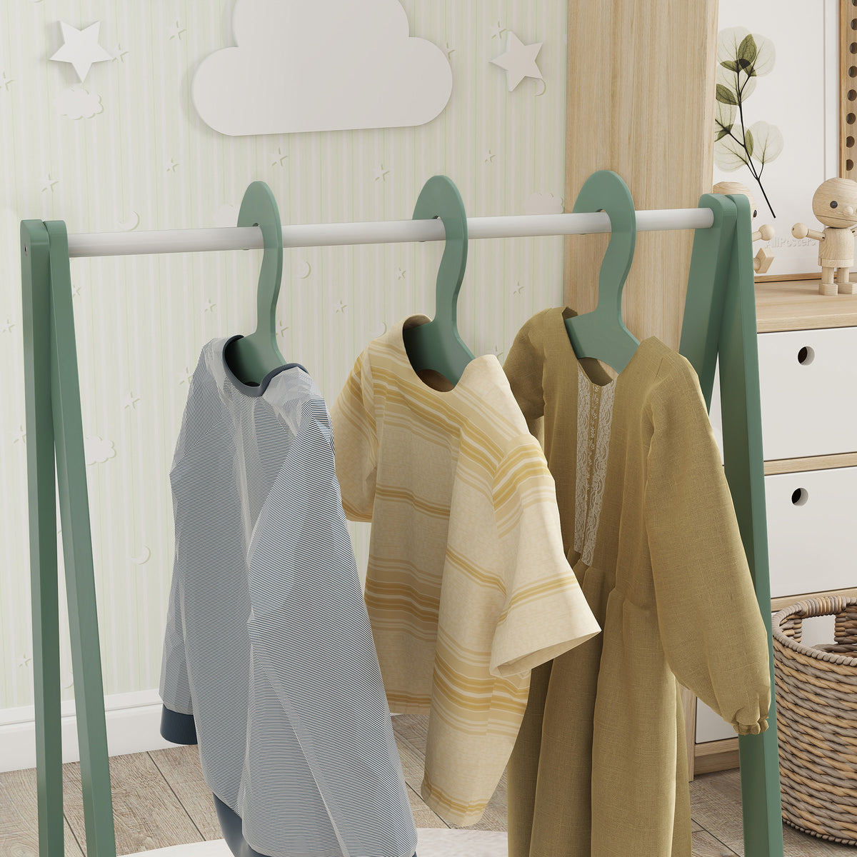 AIYAPLAY Baby Clothing Rack with Hangers, Storage Shelf for Bedroom, Leaf Theme, for Ages 3-6, Green