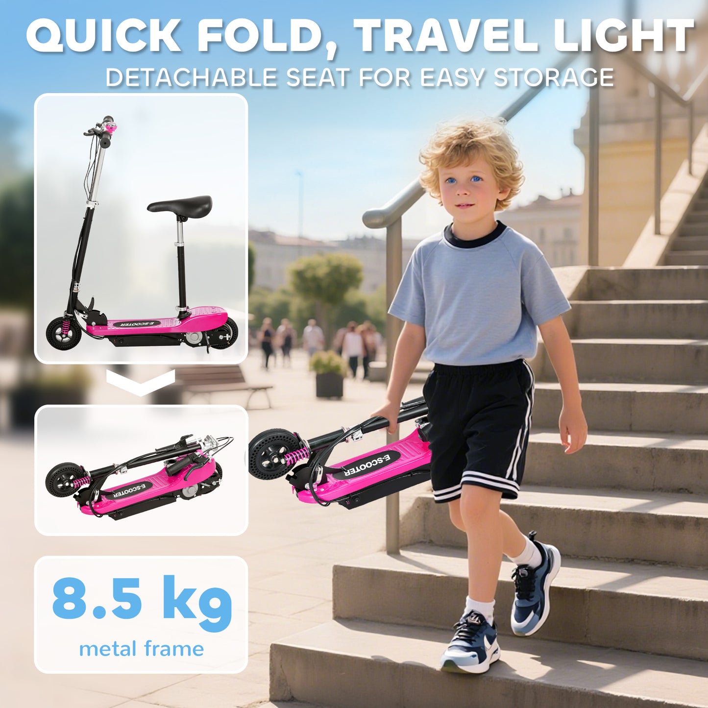 HOMCOM Steel Ride on Powered Scooter, Folding E-Scooter with Warning Bell, 15km/h Maximum Speed, for 6-14 Years Old, Pink