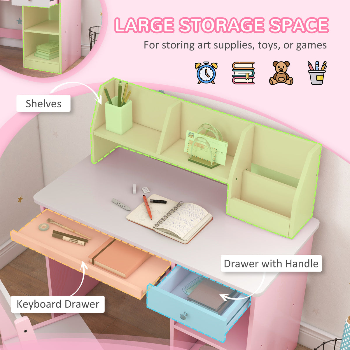 Pink desk hutch with divided shelves, keyboard tray, and handled storage drawer