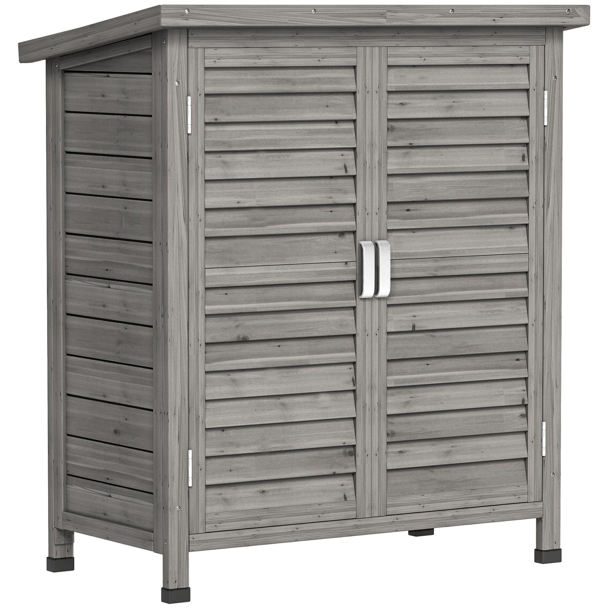 Photo of Outsunny Garden Shed Wooden Garden Storage Shed 2 Door Unit Solid Fir Wood Garage Tool Organisation Cabinet, 87L x 46.5W x 96.5Hcm, Grey in Grey colour on a white background
