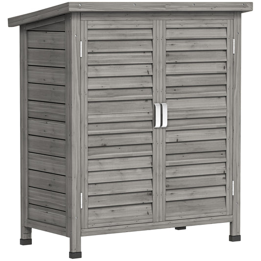 Photo of Outsunny Garden Shed Wooden Garden Storage Shed 2 Door Unit Solid Fir Wood Garage Tool Organisation Cabinet, 87L x 46.5W x 96.5Hcm, Grey in Grey colour on a white background