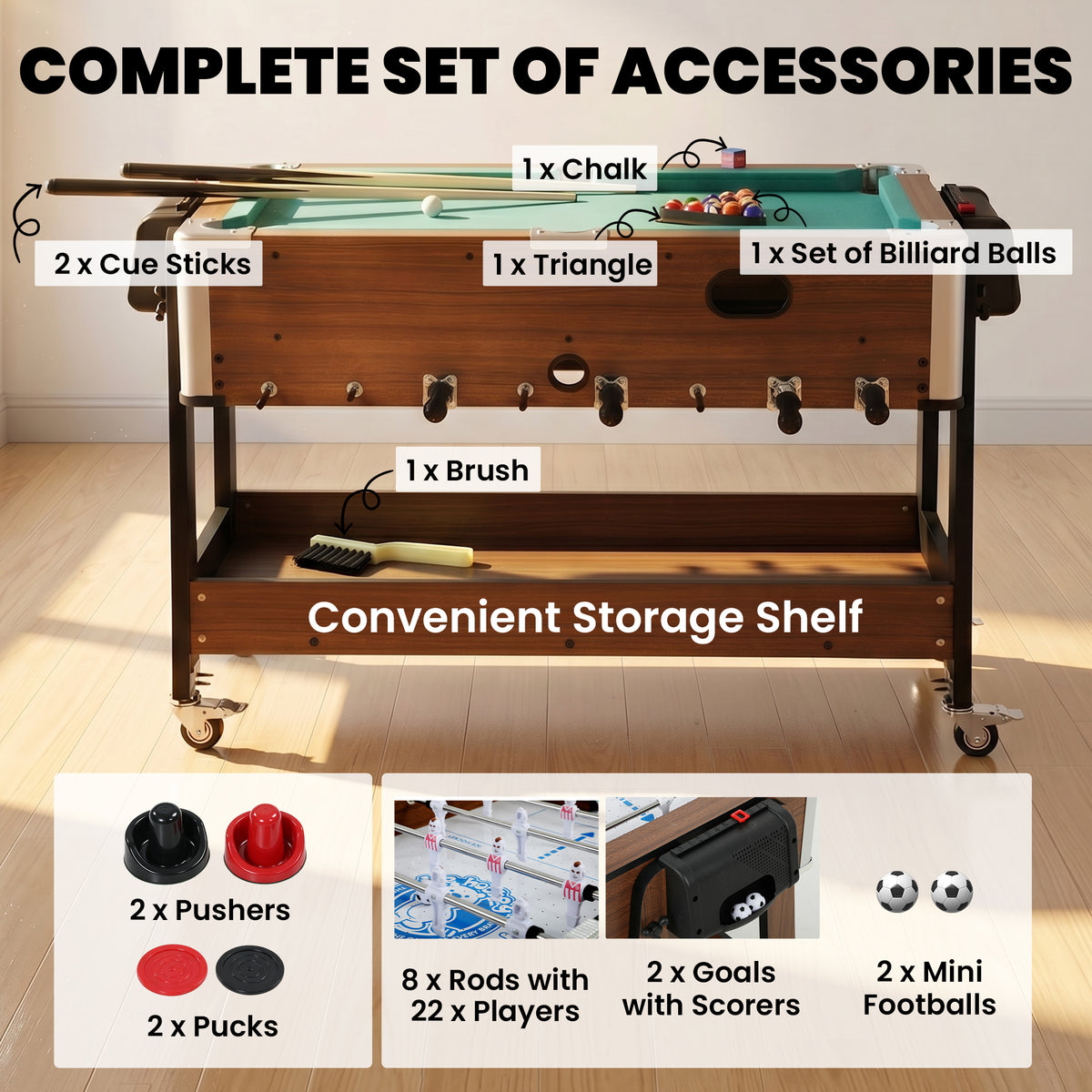 SPORTNOW 3 in 1 Multi Game Table, 3.4ft Reversible Air Hockey Pool Football Games Table with Lockable Wheels, Storage Shelf