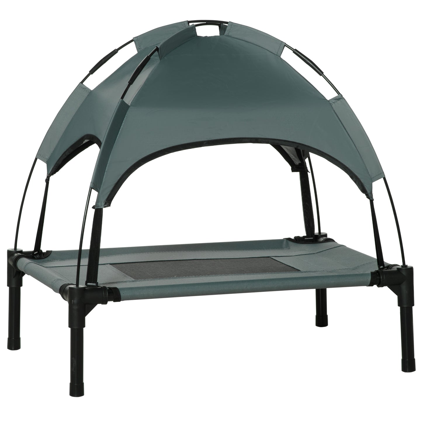 Photo of PawHut Outdoor Dog Bed with Removable Canopy, Portable Raised Dog Bed for Camping, Garden & Beach, Water-Resistant UV-Protection Mesh Pet Cot Sun Lounger, for Small Pets, 61 x 46 x 62 cm, Grey in Grey colour on a white background