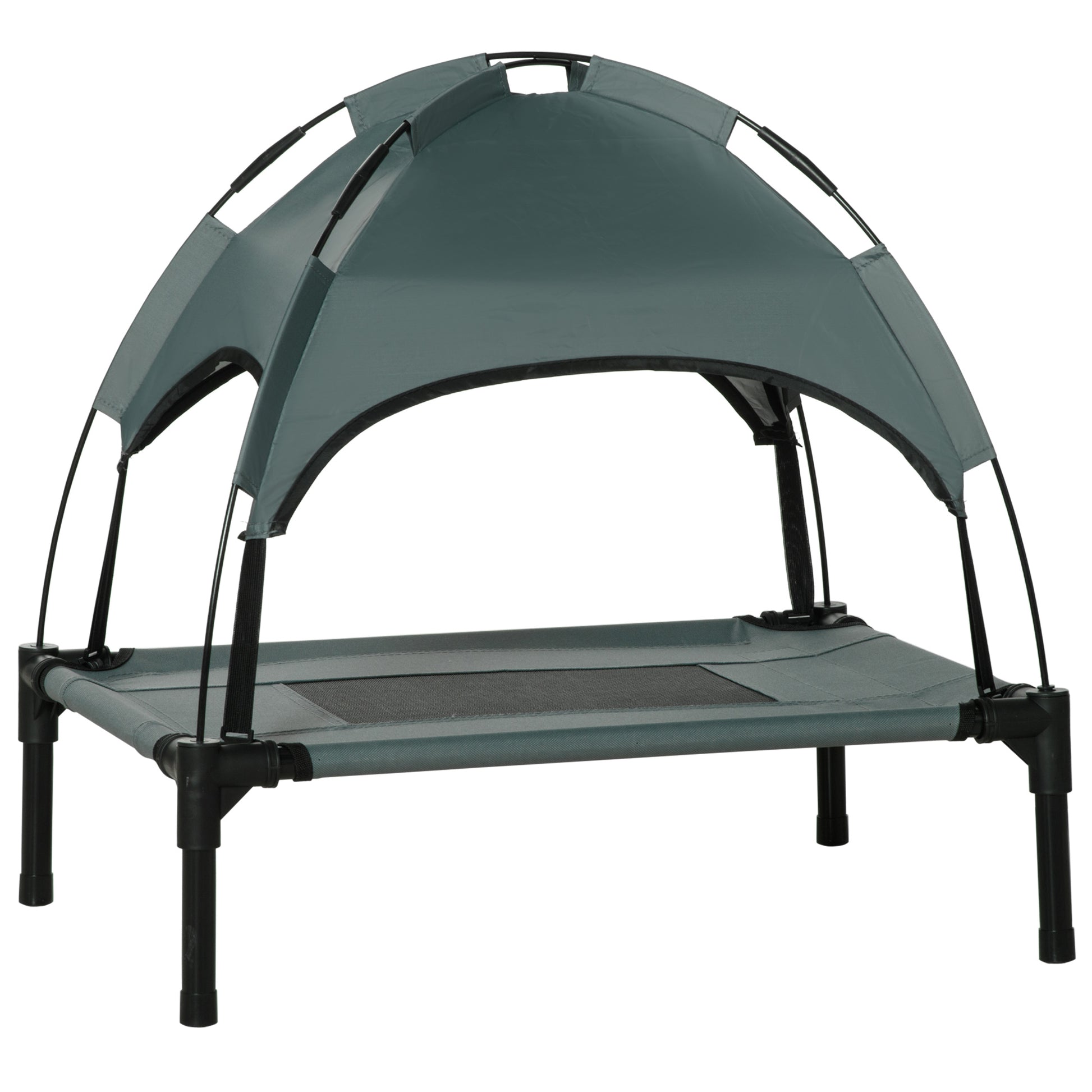 Photo of PawHut Outdoor Dog Bed with Removable Canopy, Portable Raised Dog Bed for Camping, Garden & Beach, Water-Resistant UV-Protection Mesh Pet Cot Sun Lounger, for Small Pets, 61 x 46 x 62 cm, Grey in Grey colour on a white background