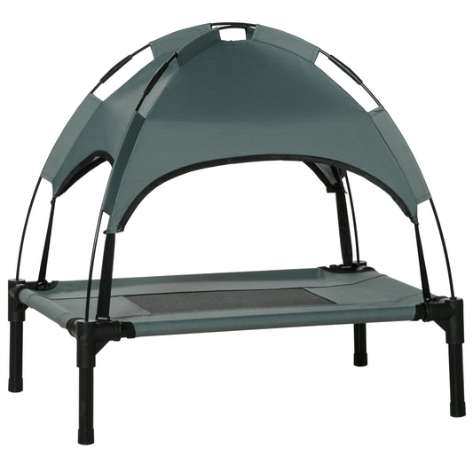Photo of PawHut Outdoor Dog Bed with Removable Canopy, Portable Raised Dog Bed for Camping, Garden & Beach, Water-Resistant UV-Protection Mesh Pet Cot Sun Lounger, for Small Pets, 61 x 46 x 62 cm, Grey in Grey colour on a white background