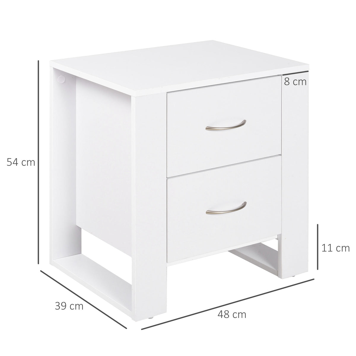 White bedside table with two drawers, metal handles and elevated base; dimensions shown.