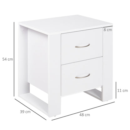 White bedside table with two drawers, metal handles and elevated base; dimensions shown.