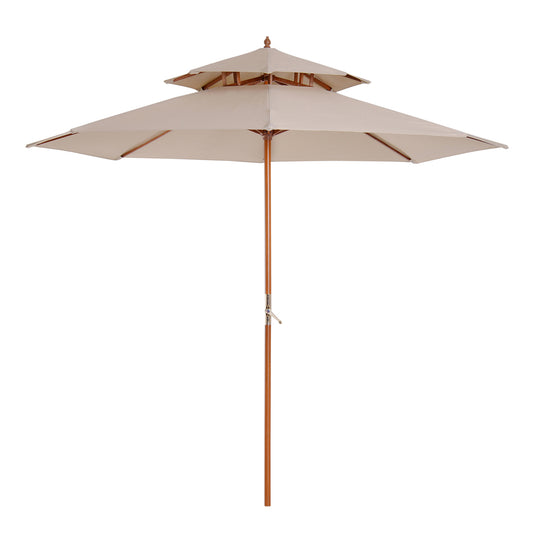 Photo of Outsunny 2.7m Wooden Parasol Elegant Two-Tier Design Garden Parasol Umbralle for Outdoor Shade, Beige in Beige colour on a white background