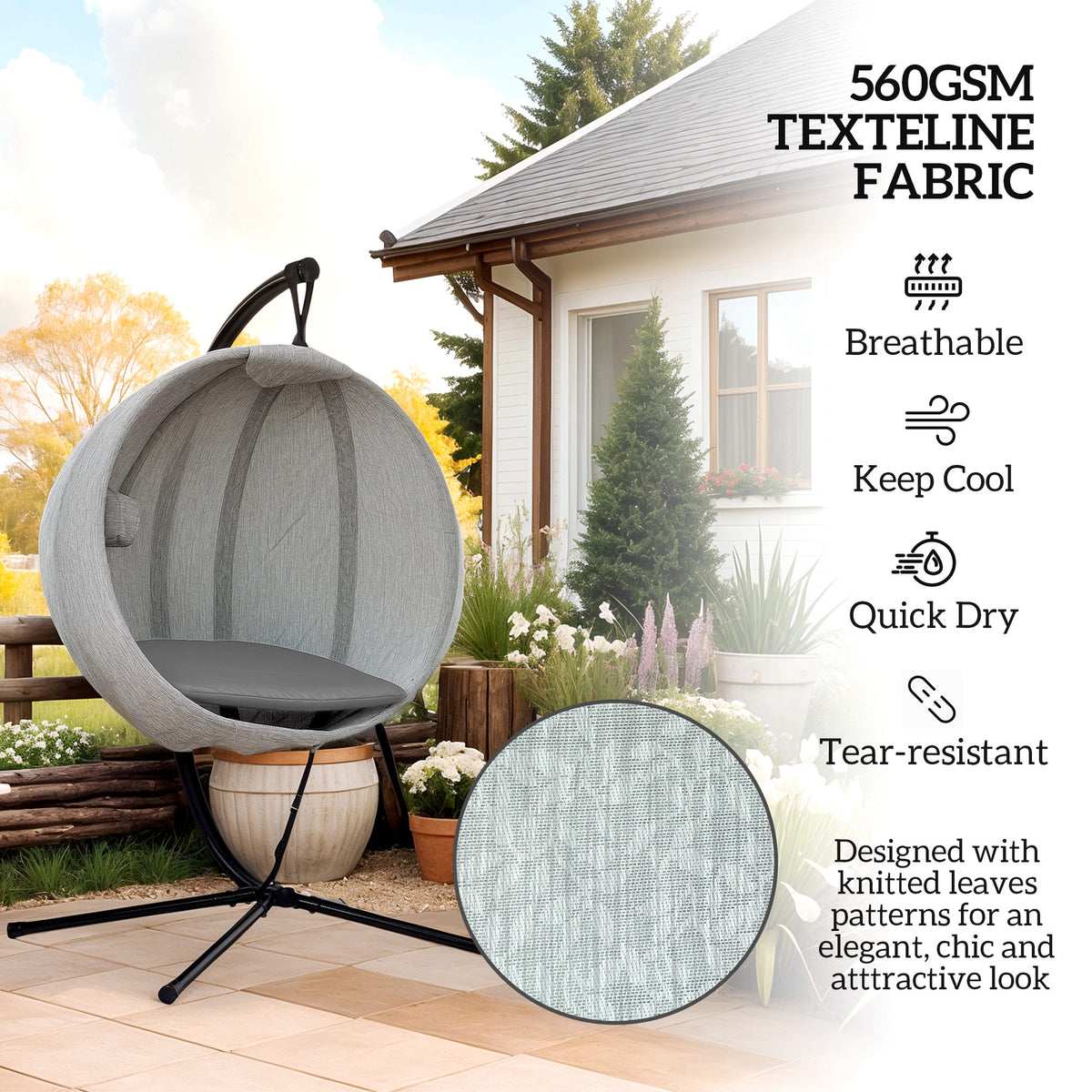 Outsunny hanging egg chair with gray woven basket and black stand
