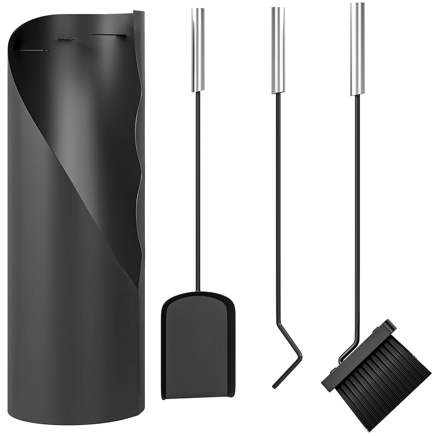 Photo of Outsunny 4 Pieces Fireplace Tools Set, Metal Fireplace Accessories Fireside Companion Set with Broom, Shovel, Poker and Bucket, Black in Black colour on a white background