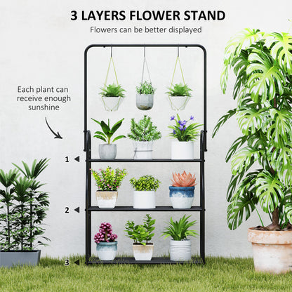 Outsunny three-tier plant stand holding potted plants and hanging planters