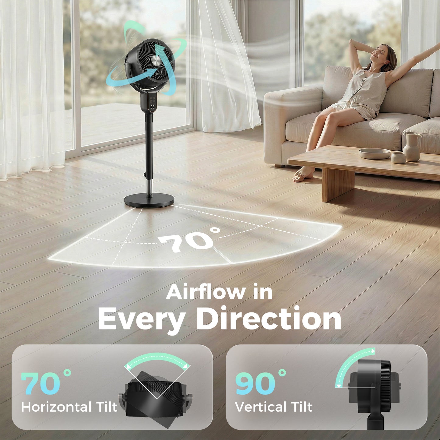 HOMCOM 20 dB Silent Standing Fan for Bedroom, 42" Pedestal Fan with Remote, 90° Oscillating, 8 Speeds, Remote Control, Black