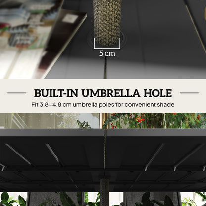 Black metal dining table with a built-in umbrella hole for poles 3.8–4.8 cm wide