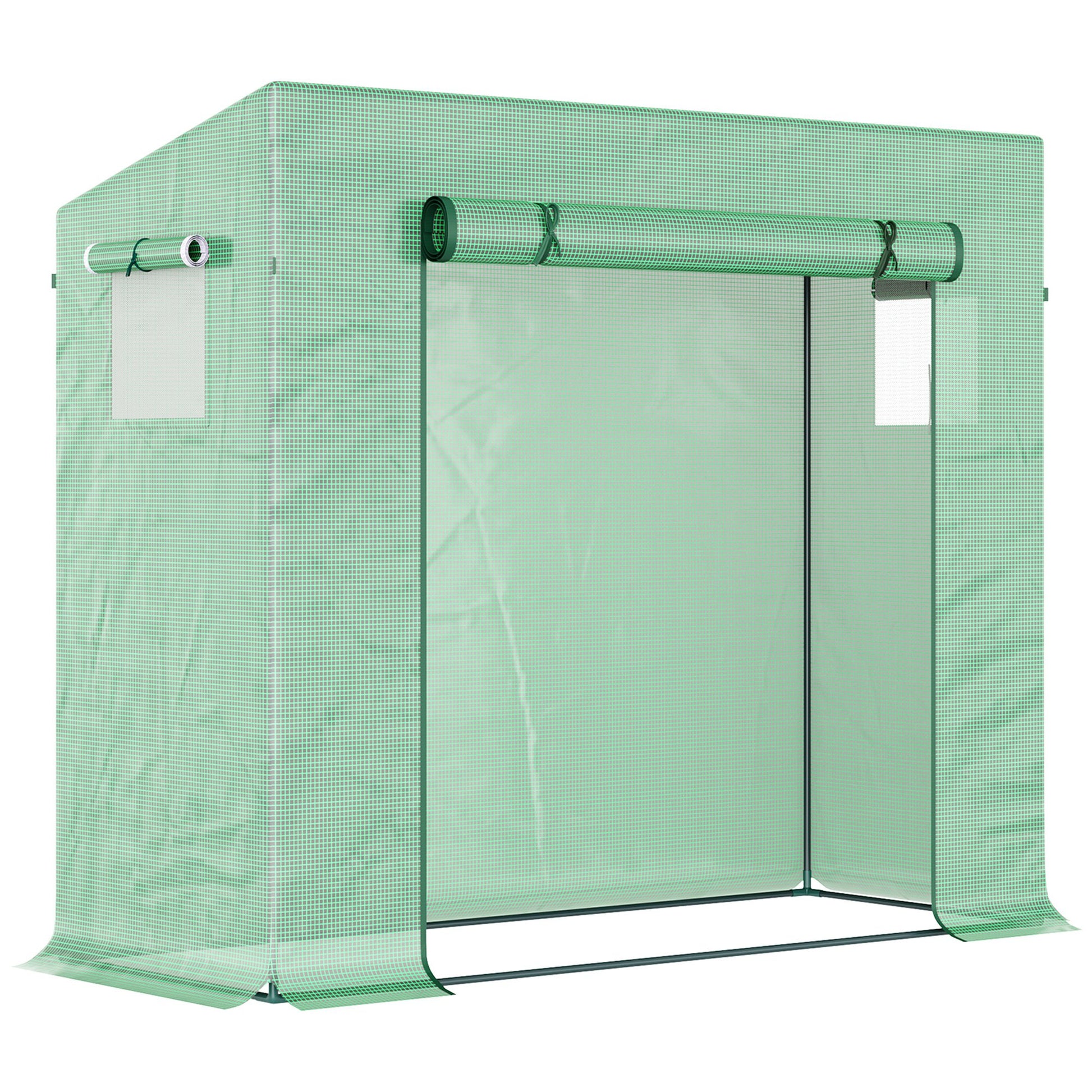Photo of Outsunny Small Walk-in Garden Greenhouse with Steel Frame, Large Roll-up Door and Windows, 200Lx76Wx168Hcm, Green in Green colour on a white background