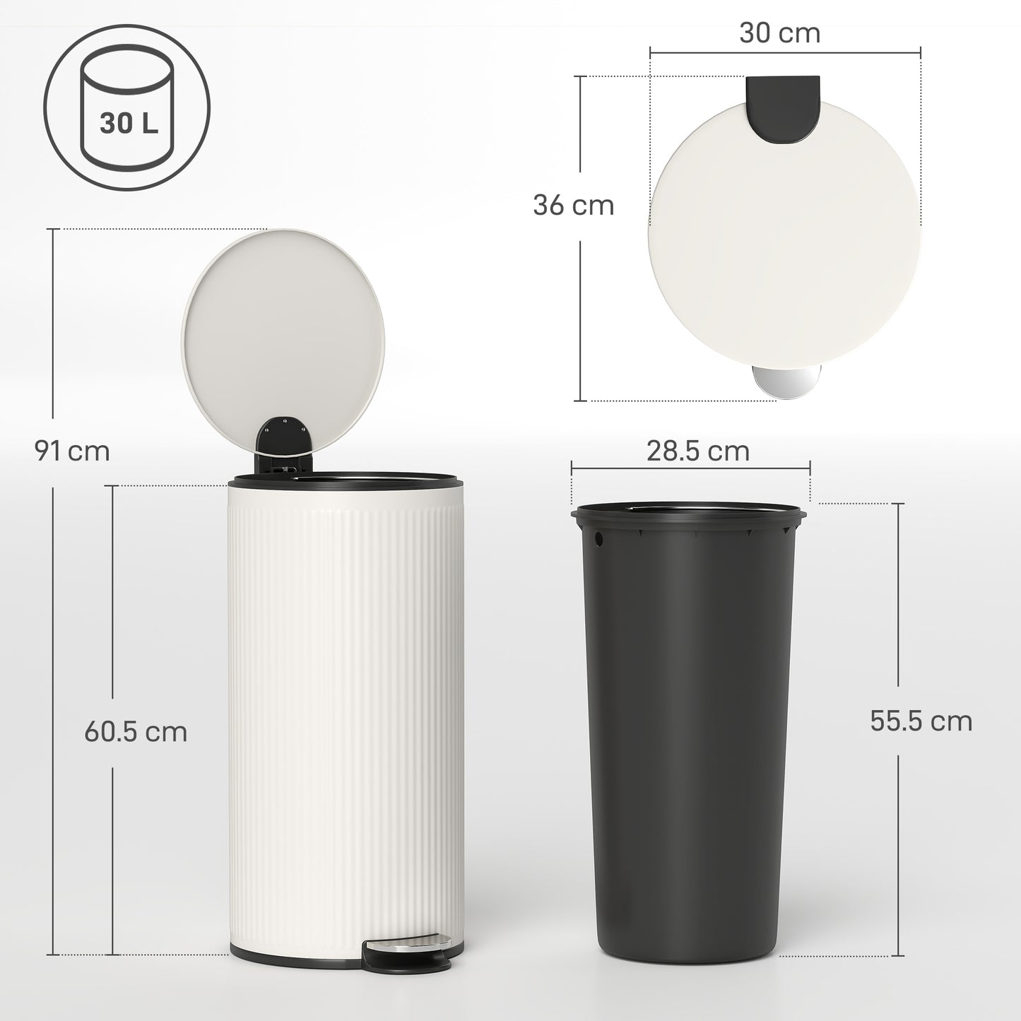 HOMCOM Kitchen Bin, 30 Litre Pedal Rubbish Bin with Removable Bucket, Cream