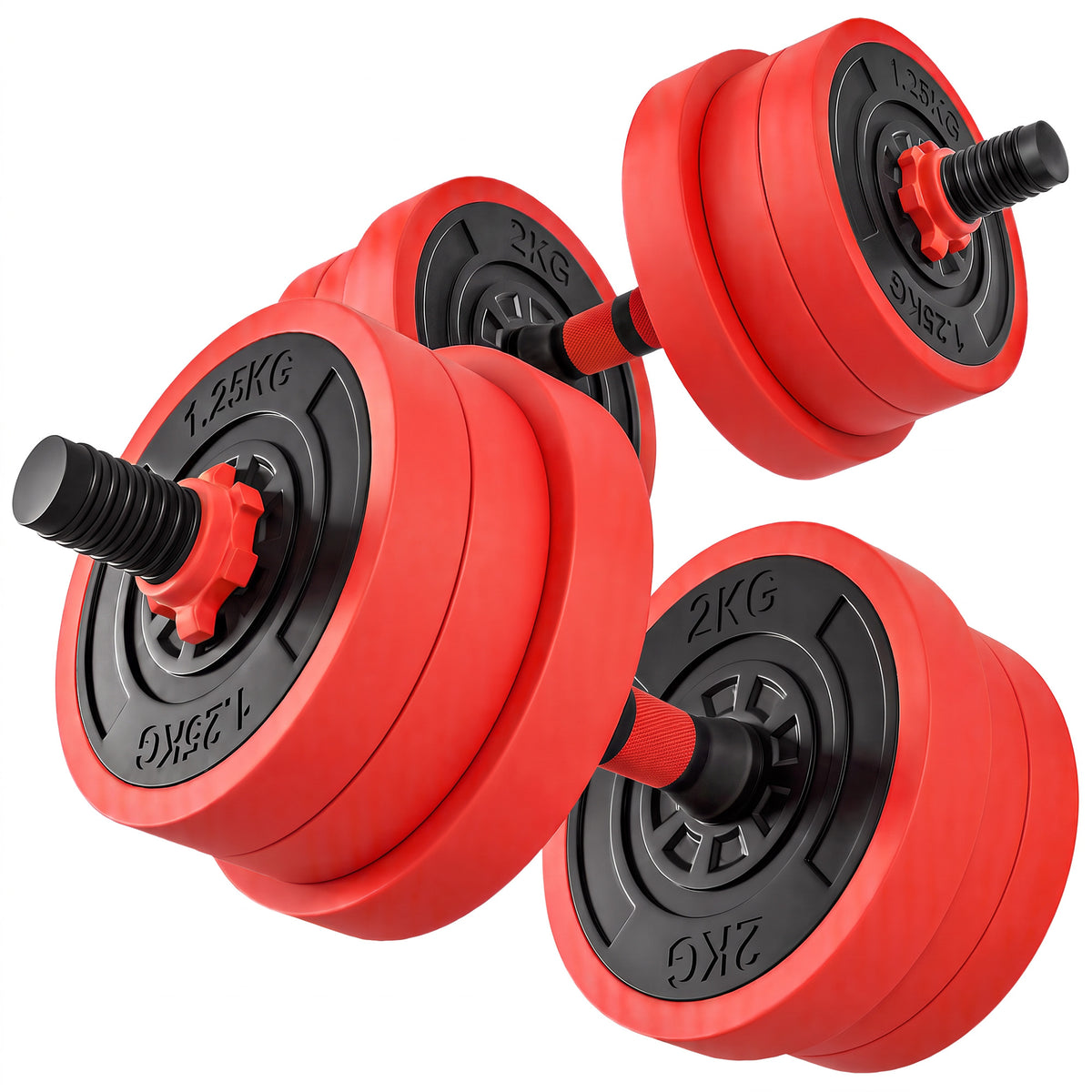 Close-up of SPORTNOW adjustable dumbbells with red weight plates and black locking collars