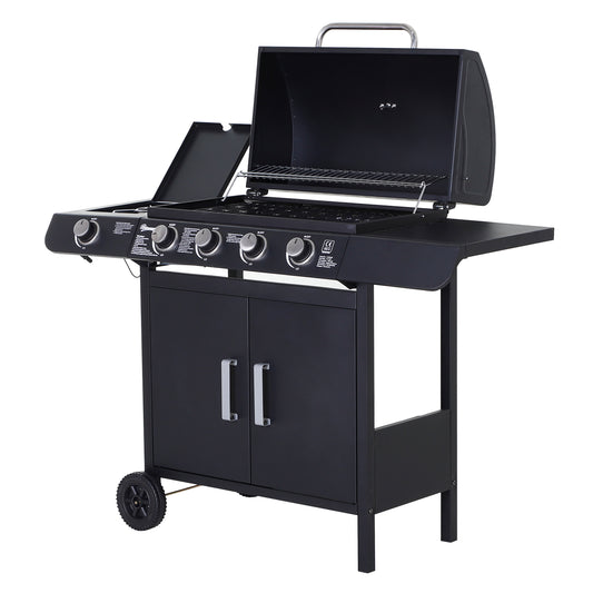 Photo of Outsunny 4+1 Burner Gas BBQ Grill, Outdoor Barbecue Trolley with Wheels, Warming Rack, Side Shelves, Cabinet, Thermometer for Garden, Party, Camping, 125 L x 51 W x 100 H cm, Black in Black colour on a white background