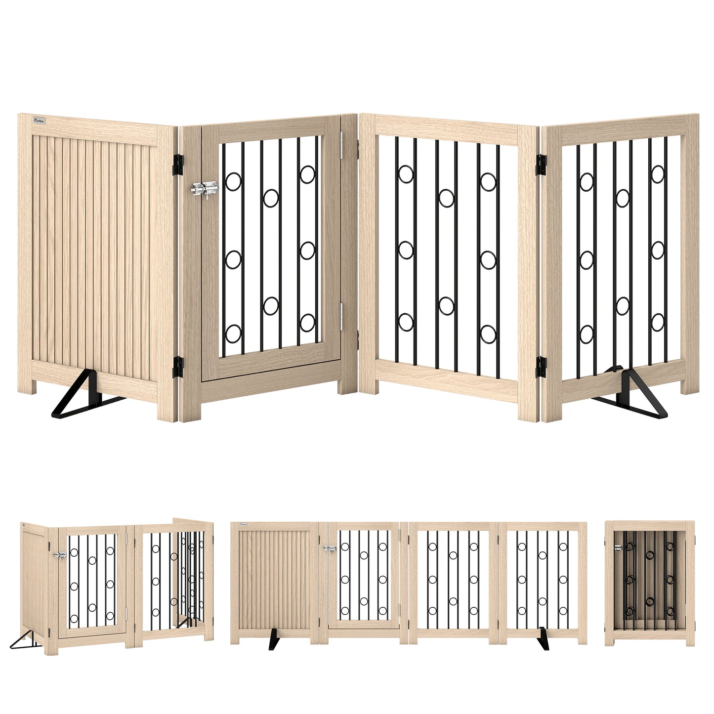 Photo of PawHut 4 Panel Freestanding Pet Gate, Indoor Dog Barrier with Lockable Door, Support Feet, 360° Flexible Hinges, Oak in Oak colour on a white background