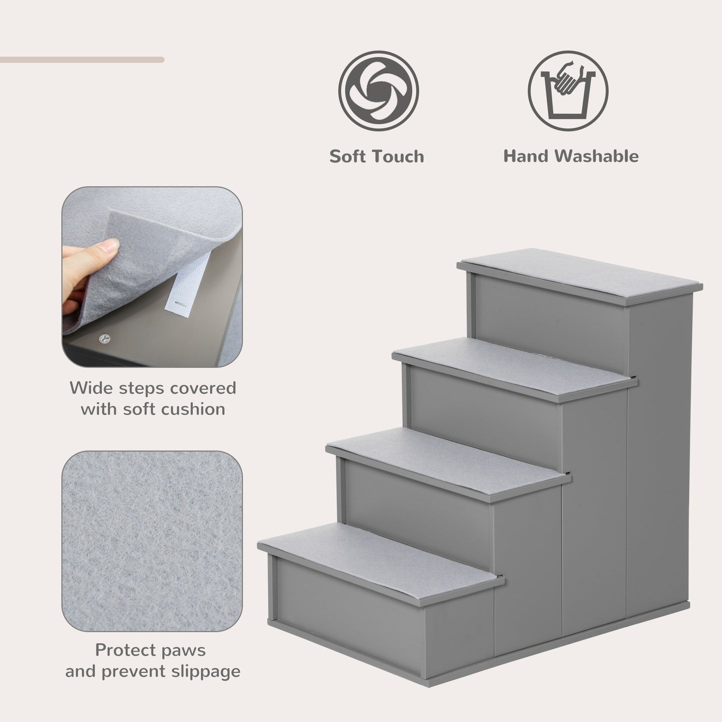 PawHut 4 Step Dog Steps for Bed, Wooden Dog Steps for Sofa, Pet Stairs for Bed Couch with Non-Slip Carpet for Cats and Puppies, 40 x 59 x 54.2 cm, Grey