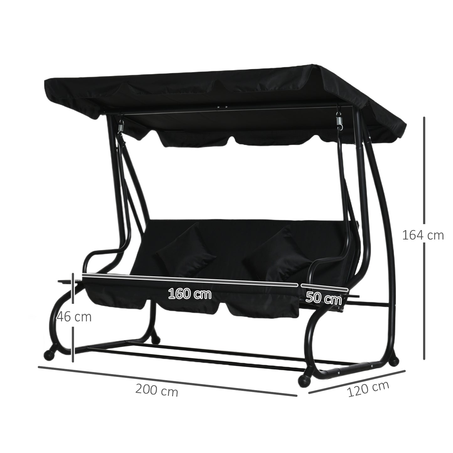 Outsunny Three-Person garden Swing Chair, with Adjustable Canopy - Black