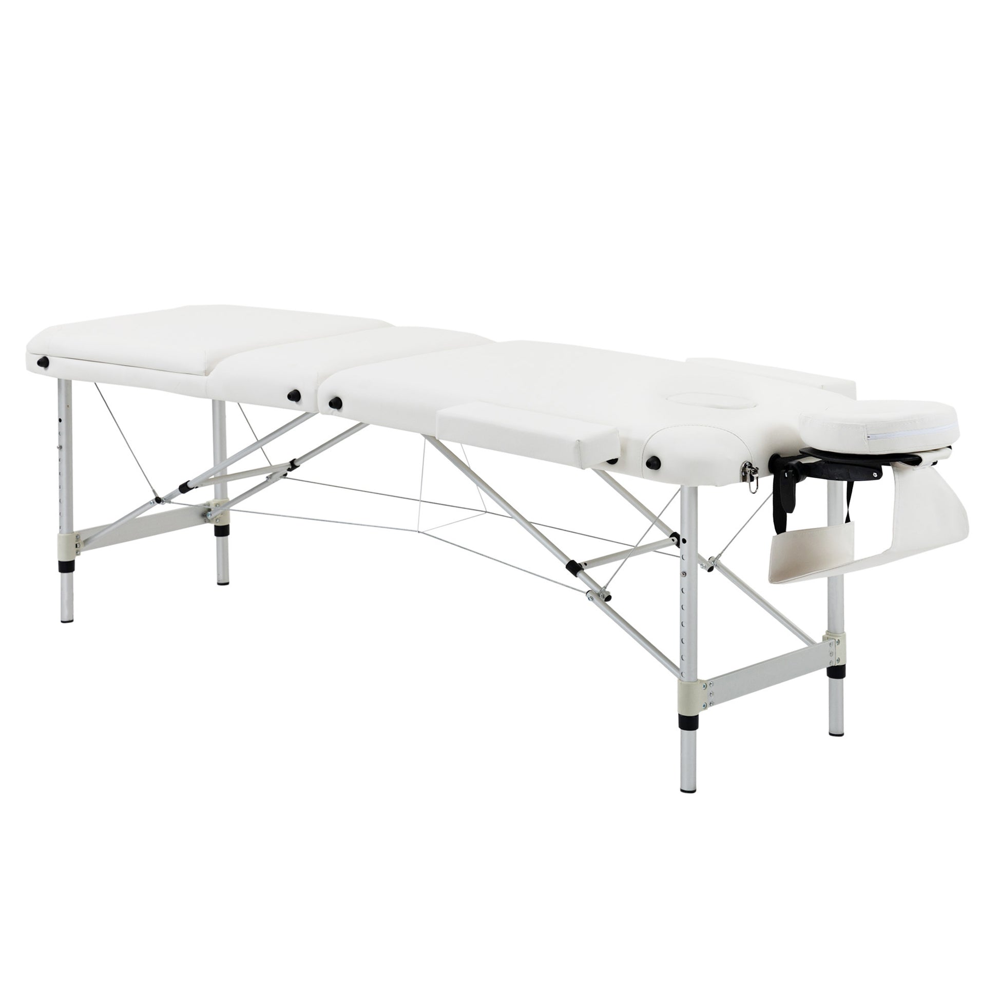 Photo of HOMCOM Foldable Massage Bed Portable Table, 3-Section Aluminium Foldable Beauty Couch, Professional Salon Spa Table with Headrest Support and Carry Bag, 81 cm Width, White in White colour on a white background