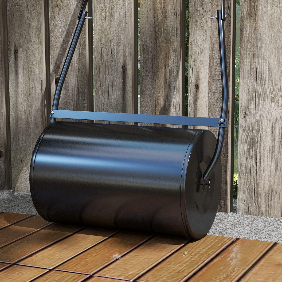 DURHAND black metal lawn roller with a smooth cylindrical drum