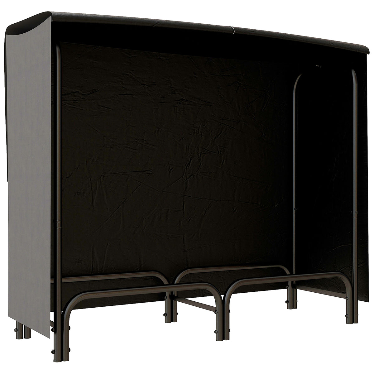 Black metal firewood rack with a fitted fabric cover