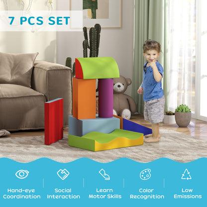 Colorful foam play set arranged as a climbing structure beside a toddler