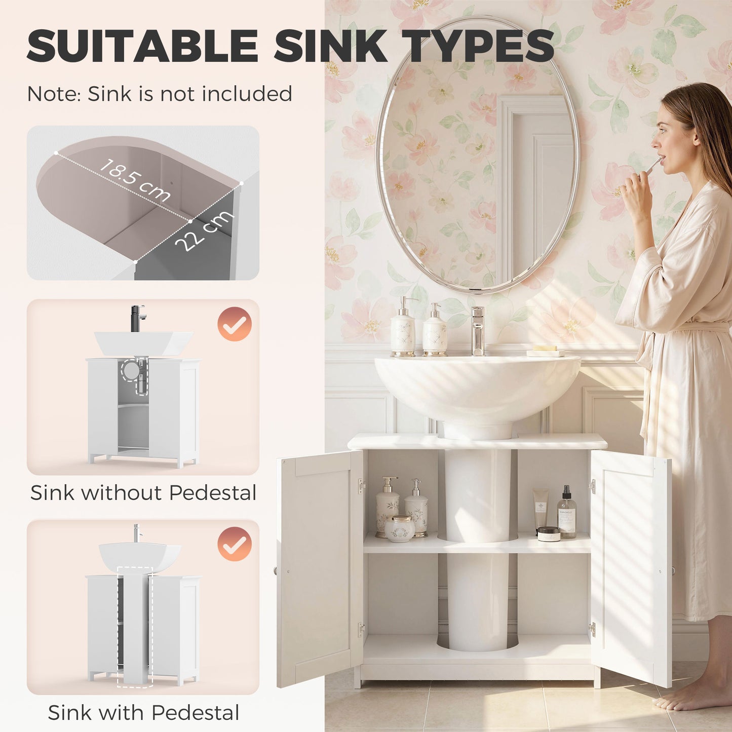 kleankin Under Sink Bathroom Cabinet, Freestanding Under Sink Cabinet with 2 Doors and Adjustable Shelf for Basin without or with Pedestal, White