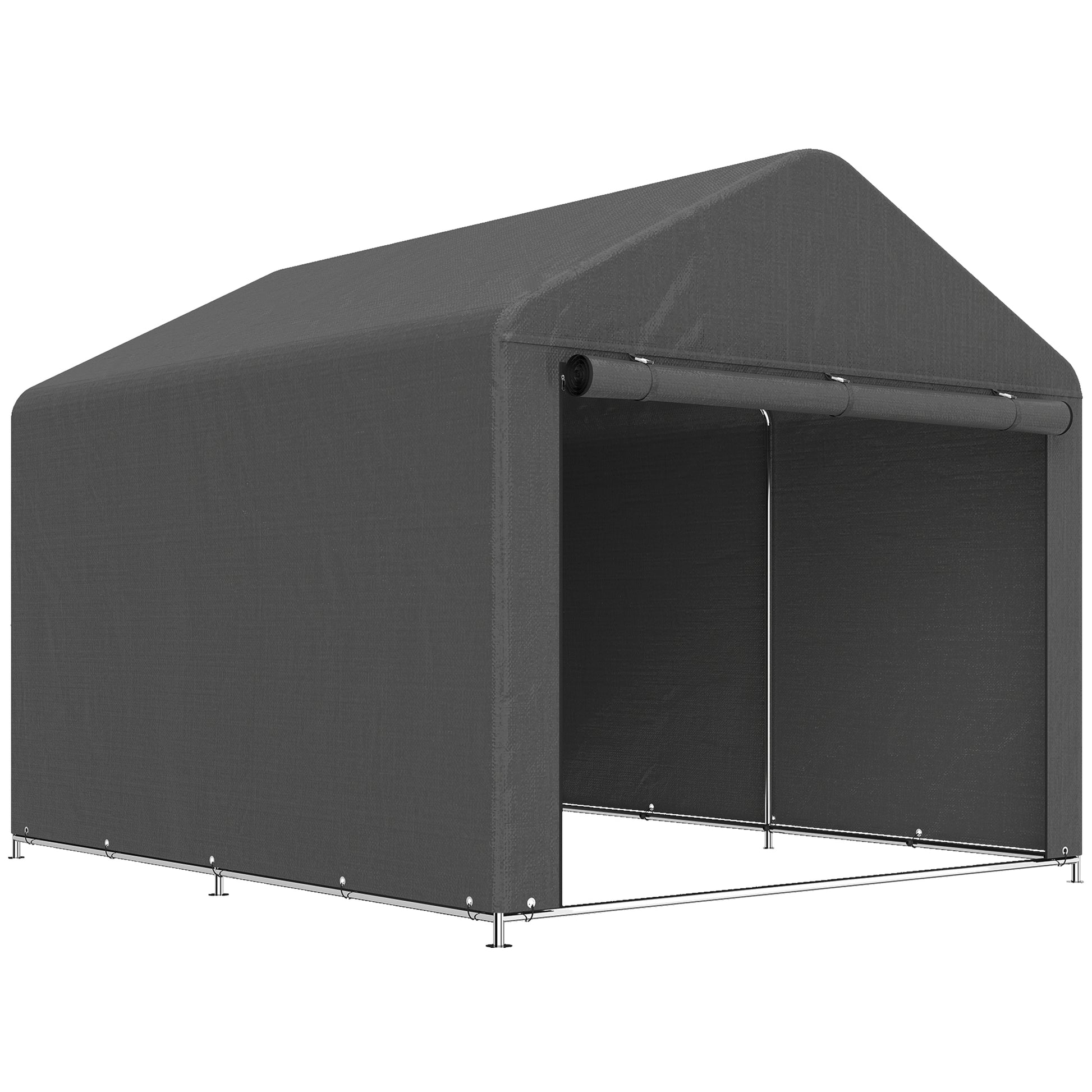 Photo of Outsunny 6.6 x 7.8ft Outdoor Garden Storage Shed, Waterproof Bike Tent with Roll-up Zipper Door, Galvanised Metal Frame, Portable Shed Shelter Carport for Motorcycle Garden Tools, Dark Grey in Grey colour on a white background