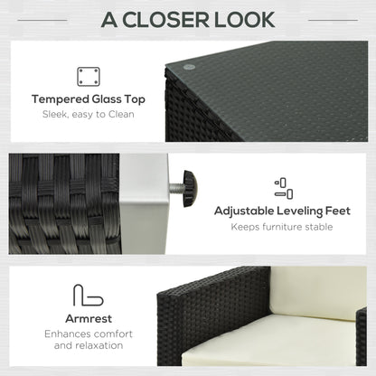 Black rattan sofa set details, including tempered glass, adjustable feet, and armrests
