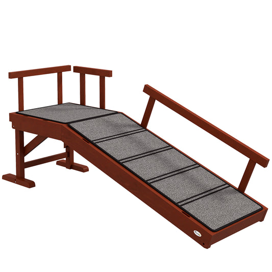 Photo of PawHut Wooden Dog Ramp with Removable Guardrails, Non-Slip Surface, 125 cm Long, Brown in Brown colour on a white background