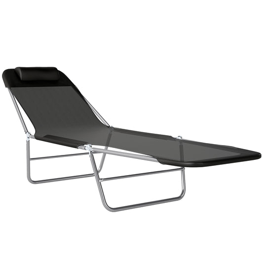 Photo of Outsunny Folding Sun Lounger, Texteline Reclining Sun Bed with 5 Position Adjustable Backrest, Headrest, Black in Black colour on a white background