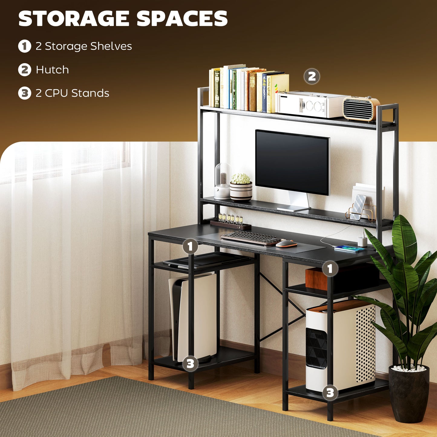 HOMCOM Computer Desk with Power Outlets and LED Lights, Home Office Desk with Monitor Stand, 2 CPU Stands and Storage Shelves, Study Table Gaming Desk with Hutch, Black